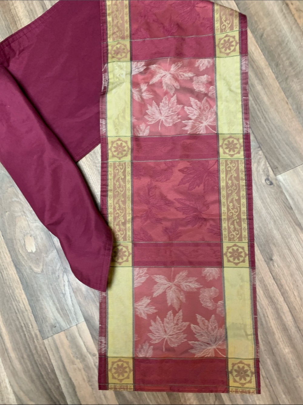 Leaf-Pattern Burgundy Table Runner with Gold Tone Accents